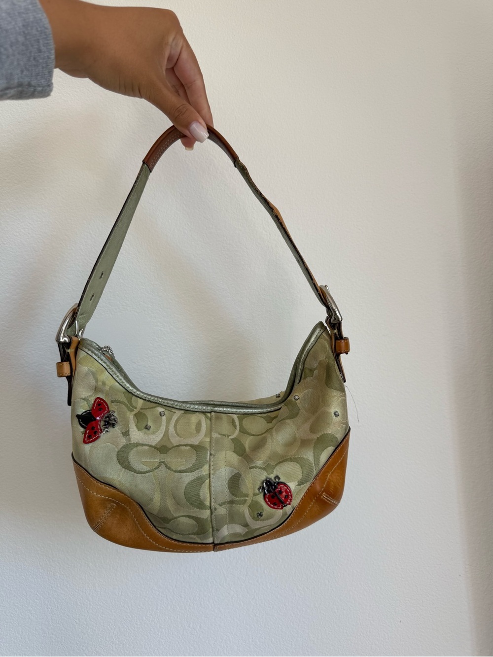Coach Sage Signature Shoulder Bag with Brown Trim and Ladybug Appliqués